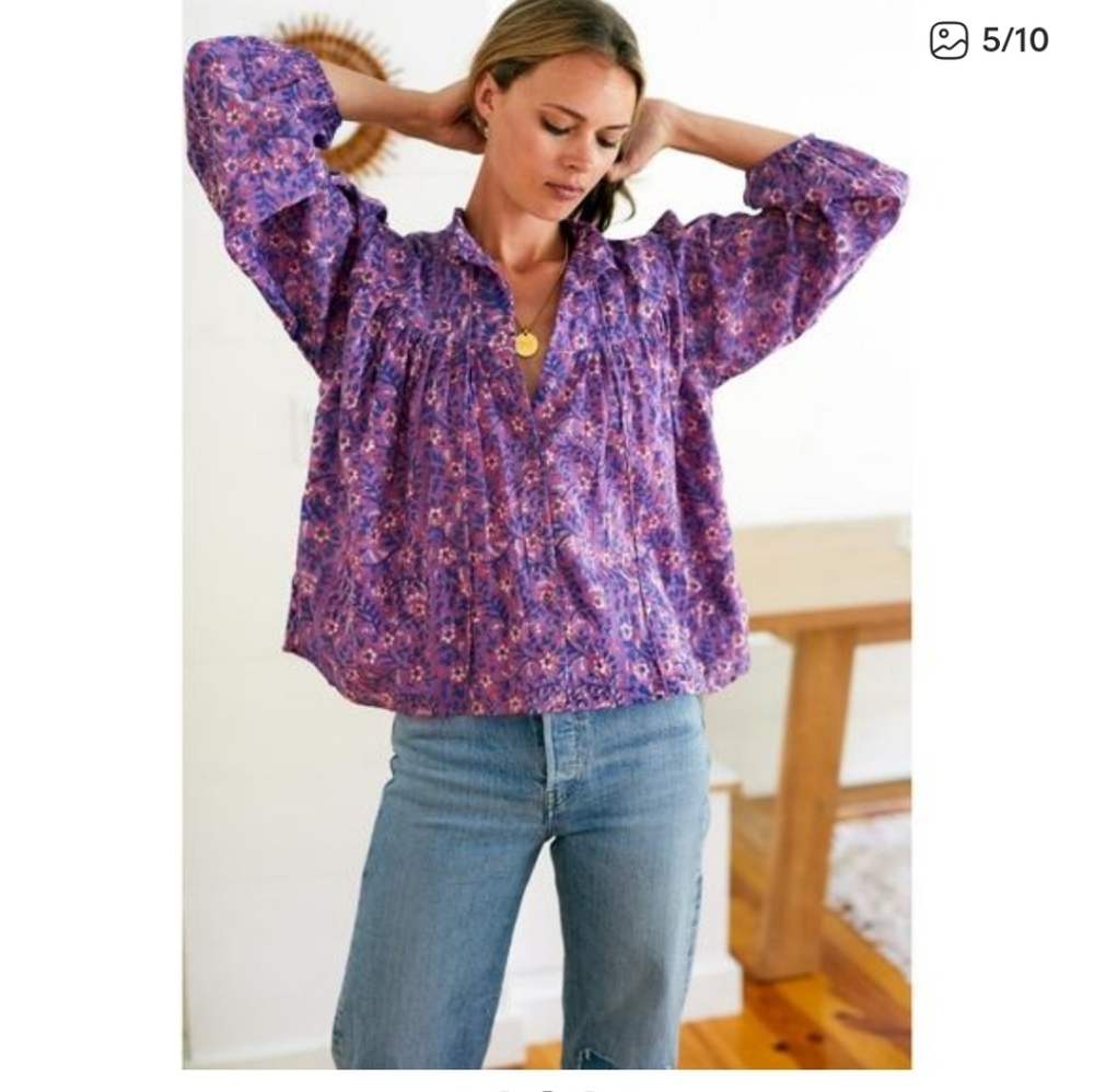 Emerson Fry India Collection Emmaline Blouse Floral Purple Pink Size XS Cotton - Picture 11 of 11
